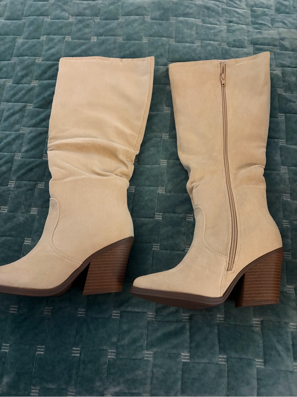 Beige Suede-Look Mid-Calf Block Heel Boots
